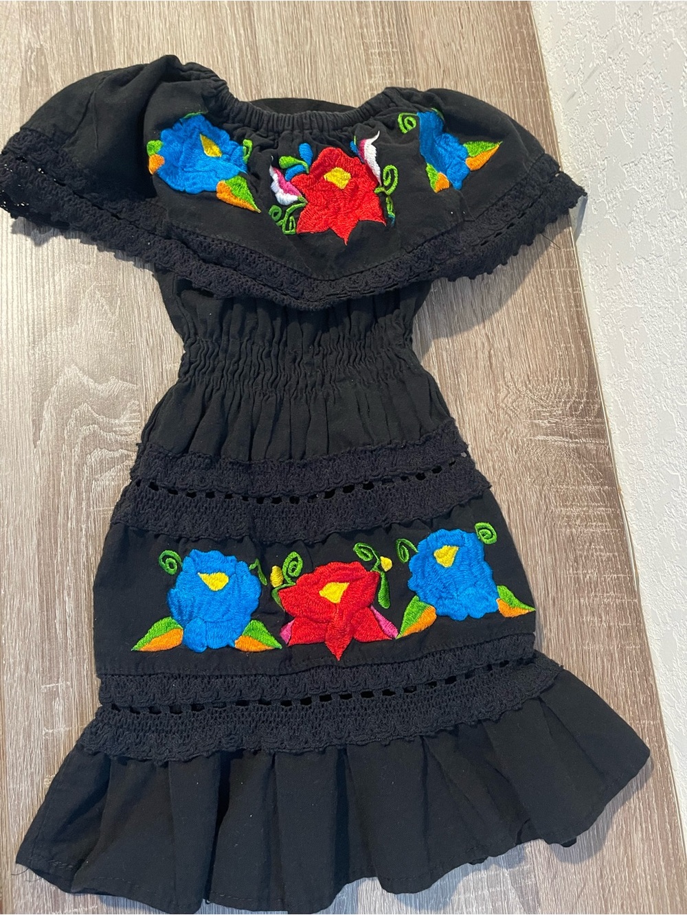 Source Unknown Black Dress with Red & Blue Floral Embroidery